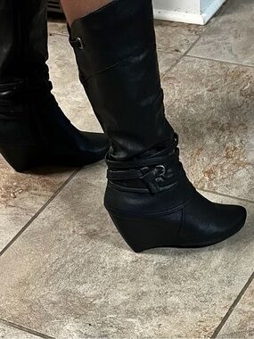Black Knee-High Wedge Boots with Wrap Strap Detail